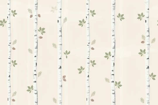 Seamless pattern featuring vertical birch tree trunks with light green leaves on a soft beige background, nature inspired wallpaper