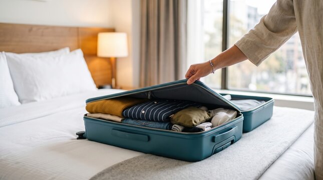Traveler packing blue suitcase in hotel room