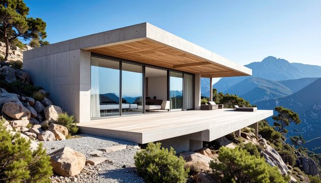 Modern concrete dwelling with expansive deck on rocky, mountainous terrain