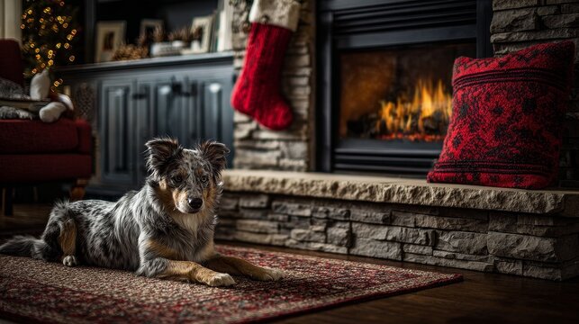 During the festive season, a dog lounges beside a warm fireplace in a decorated living room, evoking feelings of home, comfort, and holiday joy. The scene highlights the loving companionship of