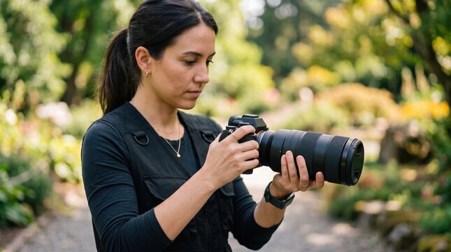 Woman holding a professional camera outdoors