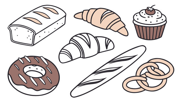 Vector Set of Delicious Bakery Cakes and Sweet Pastry Icons with Croissant, Donut, Chocolate Dessert and Bread Illustration Collection for Food DesignVector Set of Delicious Bakery Cakes and Sweet Pas