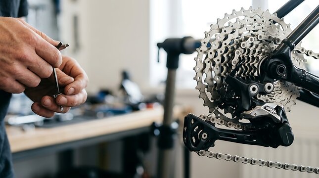 Mechanic adjusting a bicycle derailleur and cassette with a tool