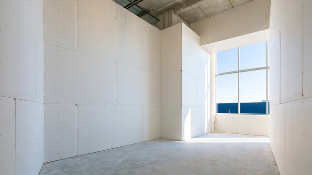 Empty interior shell with large window, white drywall walls, concrete floor, ceiling view office apartment renovation bright lighting minimal room
