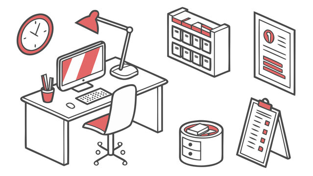 Hand Drawn Business and Office Vector Icon Set with Computer Laptop Mobile Phone Finance and Web Technology Design Elements