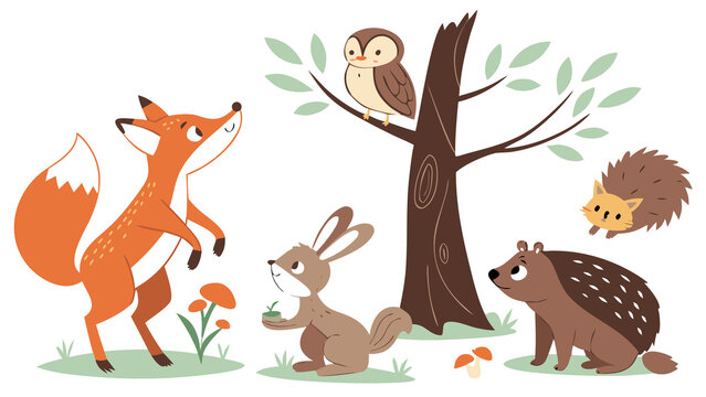 Whimsical forest animals playing together in nature