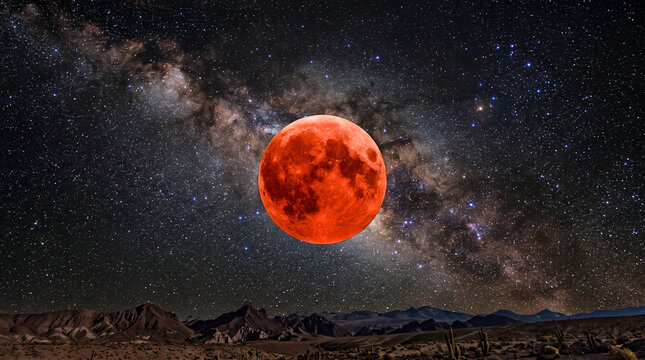 Fotograf&iacute;a hiperrealista de un eclipse lunar total mostrando la Luna roja sobre un cielo completamente estrellado, detalles astron&oacute;micos extremadamente precisos, calidad 8K, estilo documental.