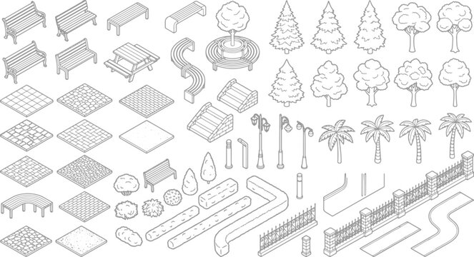 Isometric park elements set featuring benches trees pathways fences and street lamps for urban landscape design vector illustration