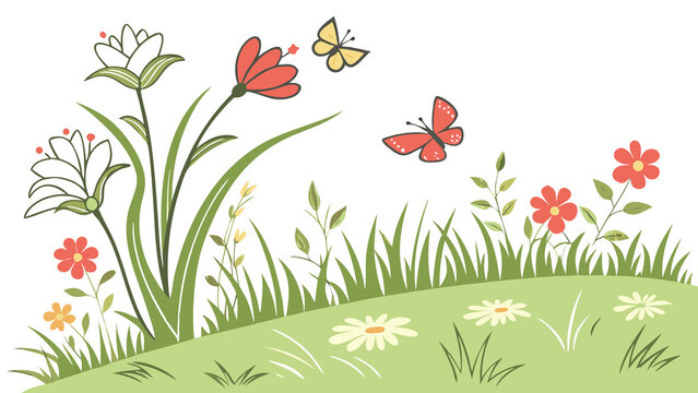 Colorful illustration of butterflies and flowers in a green meadow