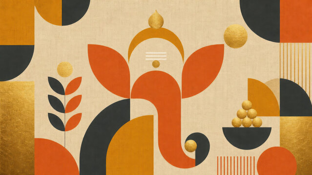 Abstract geometric of lord ganesha with gold accents and earthy orange tones generated using ai