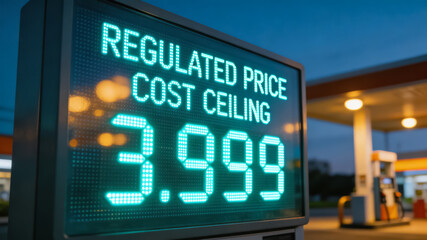Obraz premium Gas station digital price sign displaying regulated cost ceiling at evening
