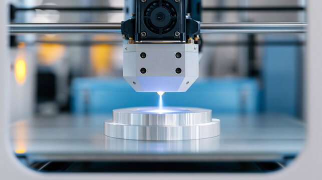 Automated precision manufacturing machine nozzle operating on metal workpiece in clean lab.