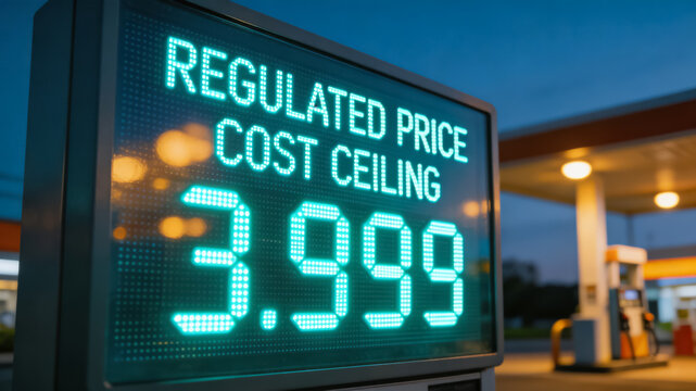 Gas station digital price sign displaying regulated cost ceiling at evening