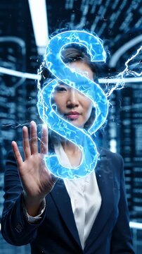 Businesswoman Presents Digital Law Symbol - A focused Asian businesswoman in a suit reaches out to a glowing blue paragraph symbol, set against a futuristic digital background with lines of code.