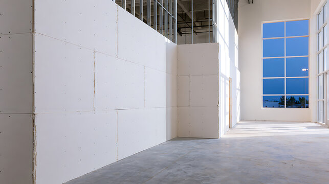 Bright gypsum wall panels and metal studs in unfinished room with large window, showing new construction progress and ample natural light
