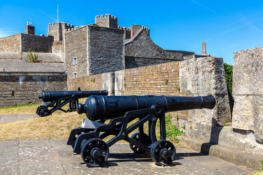 Historic cannons at medieval Dover Castle in Dover, Kent, England, UK