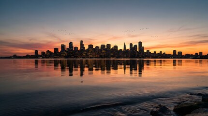 Fototapeta premium City skyline reflection at sunset