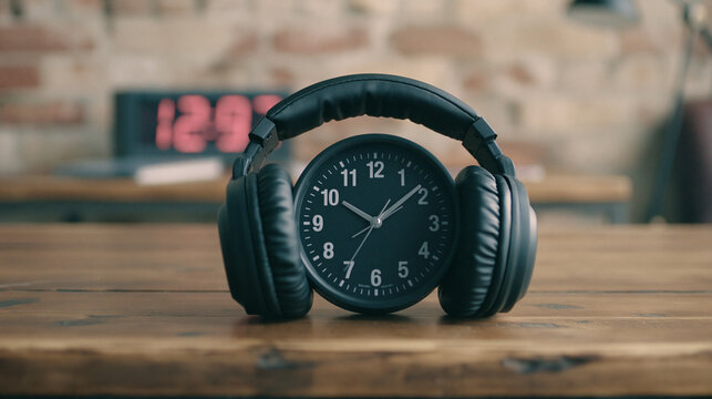 Black headphones resting on round analog clock with digital clock in background.