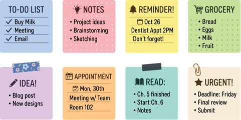 Naklejka premium Colorful sticky note planner vector set featuring to‑do lists, reminders, and task organization icons for productivity and office design concepts