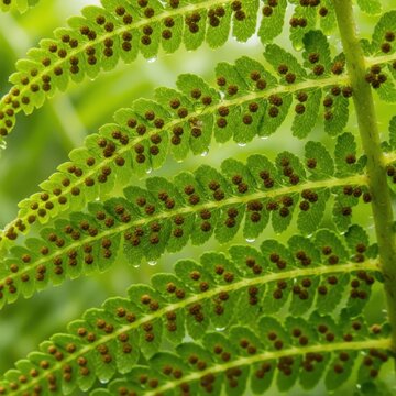 Close up of lush green fern fronds with water droplets.