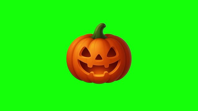 Halloween pumpkin head, spooky icon sign, isolated on green screen. Animated scary and cute carved face cartoon. Advertisement, illustration idea, party and celebration symbol. Element for video.