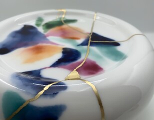 Fototapeta premium Artistic Kintsugi Restoration on Glossy White Ceramic Surface with Vibrant Abstract Painted Patterns