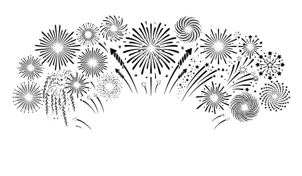 Hand Drawn Fireworks Burst Collection Featuring Festive Celebration Elements Isolated on White Background Illustration