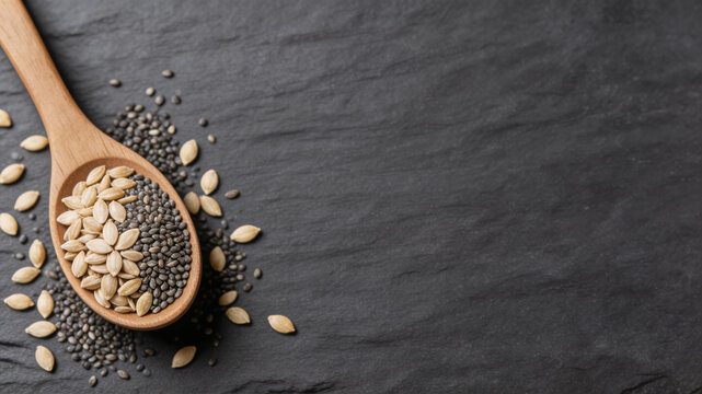 Wooden spoon with chia and pumpkin seeds on black slate surface