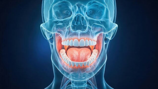 Medical anatomical illustration of oral cancer, oral tumors and oral lesions, human oral cavity structure, lesion demonstration, professional stomatology clinical medical visual resource