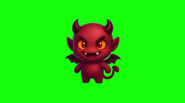 Halloween red devil creature, trick or treat icon sign, isolated on green screen. Vector cartoon animation. Advertisement, illustration idea, party and celebration symbol. Element for video.