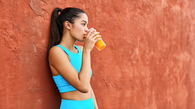 Woman enjoying healthy juice against red background for wellness and nutrition concepts