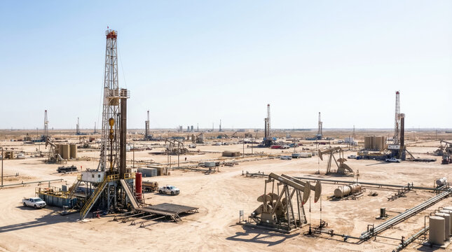Vast oil field with drilling rigs and equipment in desert landscape