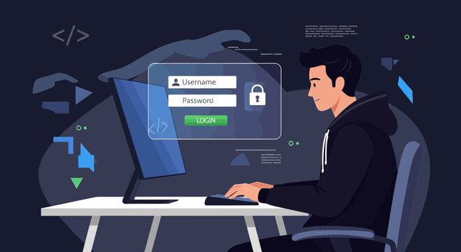 Programmer Working on Computer, Cyber Security and Login Screen Concept
