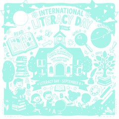 Obraz premium International Literacy Day Celebration with Kids Learning, Books, School, Globe, Magnifying Glass