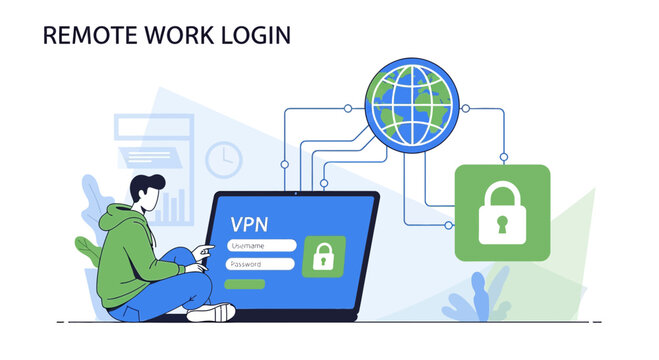 Remote work login, VPN connection, secure internet access, global network