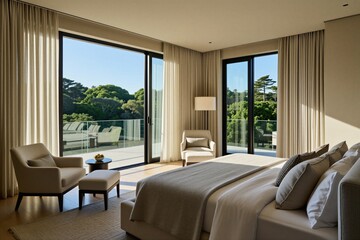 Obraz premium Modern luxury bedroom interior features large glass windows with green forest view. Minimalist bed design with soft pillows, comfortable linen bedding. Beige armchairs stand near glass doors on