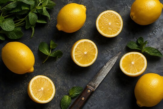 Top view flatlay of fresh whole and cut lemons with mint sprigs and vintage knife depicting natural organic citrus cooking ingredients
