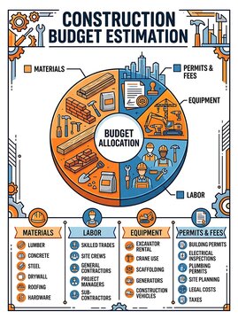 Construction budget estimation infographic with cost allocation