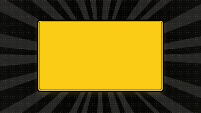 Yellow blank frame on black sunburst background with halftone dot pattern