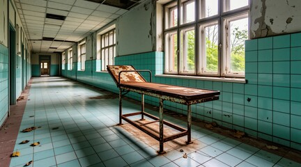 Fototapeta premium Abandoned hospital hallway features a rusty examination table. Cracked walls, dirty floor, and broken ceiling lights show long disuse. Sunlight streams through large windows overlooking green trees.