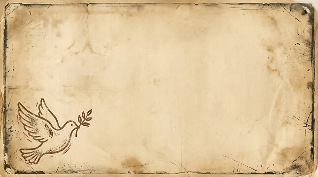 Peace dove symbol with an olive branch illustrated on a vintage weathered parchment background for International Day of Peace banner and website hero image