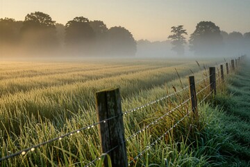 Obraz premium Thick fog covers green grass field during golden sunrise. Wooden fence posts with wire line meadow boundary in rural countryside. Trees stand in soft misty background air at dawn. Nature landscape