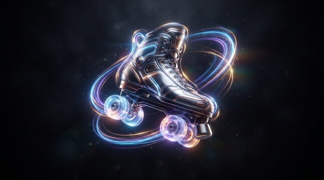 Metallic roller skate with glowing light trails on a dark background