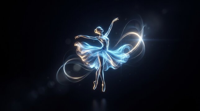 Luminous digital ballerina, created from glowing light trails and sparkles