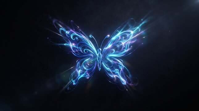 Glowing blue digital butterfly formed by light swirls on black, suitable for technology, fantasy, and abstract design concepts.