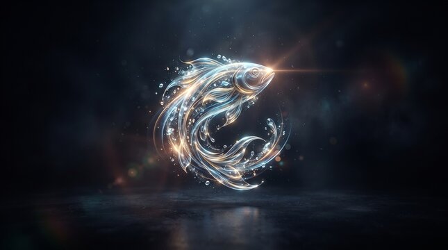 Glowing crystal fish forming a circular symbol on dark background, perfect for logos, astrology concepts, luxury branding, wallpaper, and digital art.
