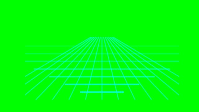 Abstract neon grid receding into the distance on a vibrant green background, representing digital space and virtual reality.