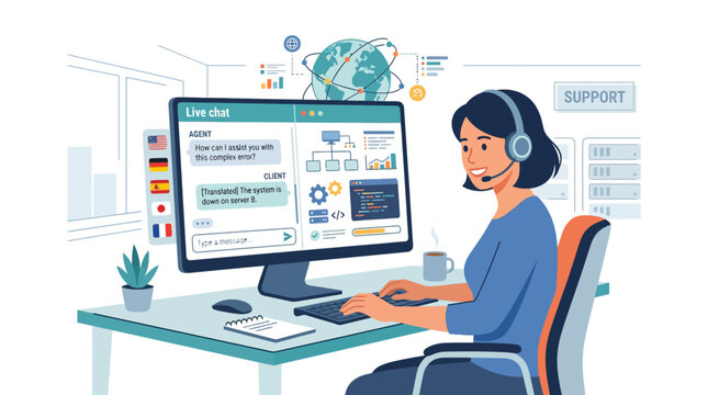 Customer service agent helping clients via live chat interface.