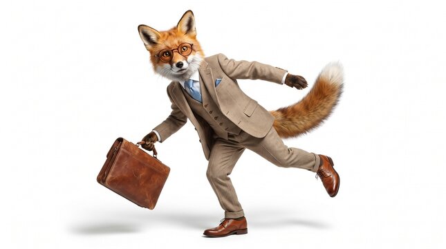Funny Fox Executive in Three-Piece Suit Isolated on White Background