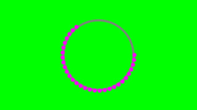 Animated loading circle with purple dots on a green screen background, representing waiting or progress.